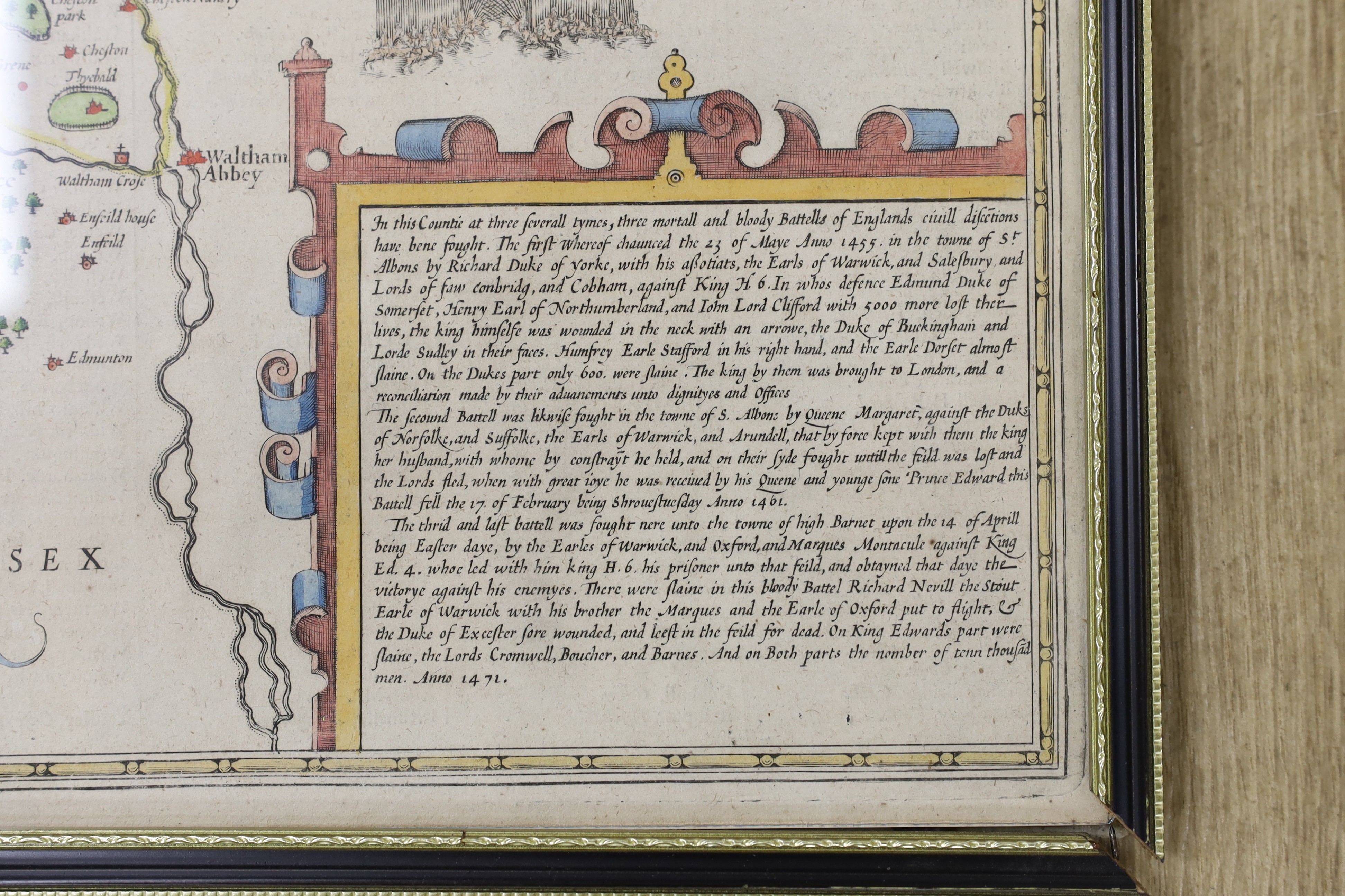 John Speede, coloured engraving, map of Hertfordshire, 39 x 50cm